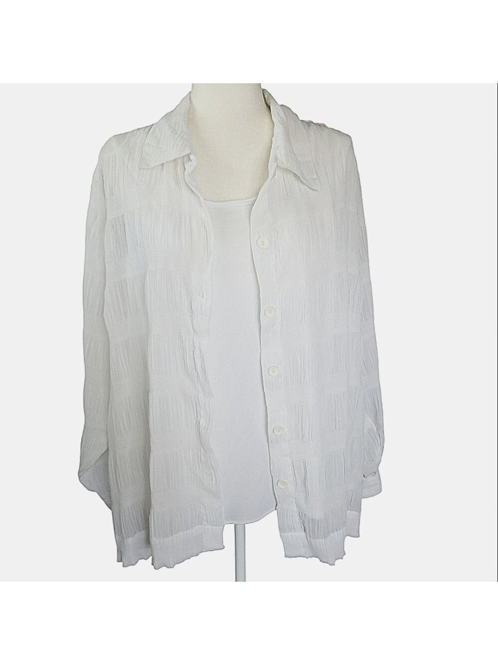 Sheer White Long Sleeve Button Blouse with Attached White Tank